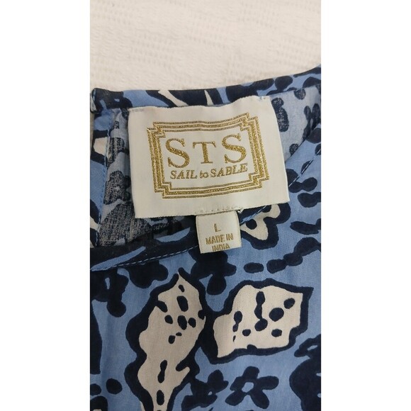 STS Sail to Sable Blue‎ Floral Top Tunic Puff Sleeve Blouse 100% Cotton Size L - Picture 6 of 8
